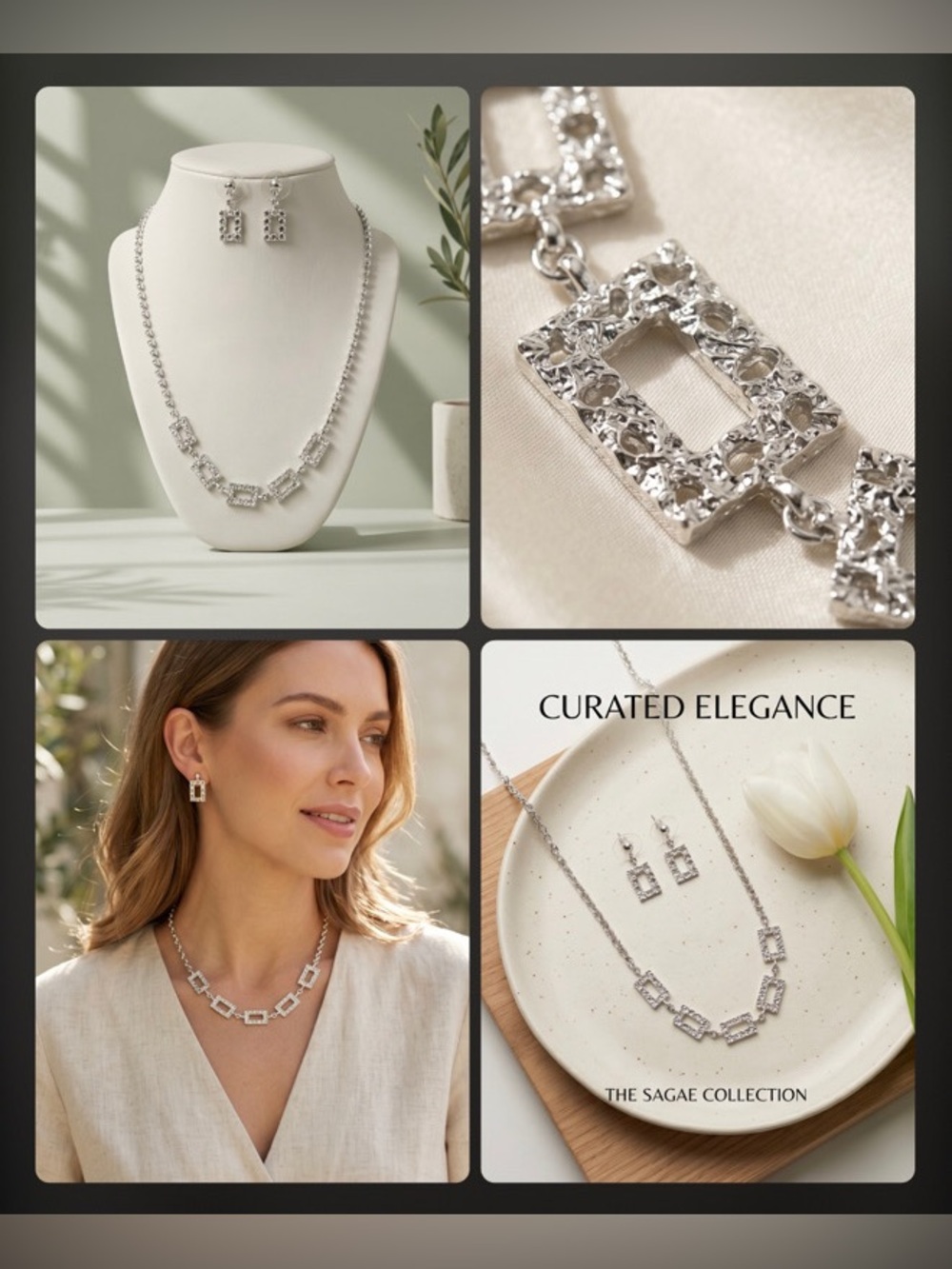 New Elegance Silver-Tone Rectangular-Link Necklace & Earring Set